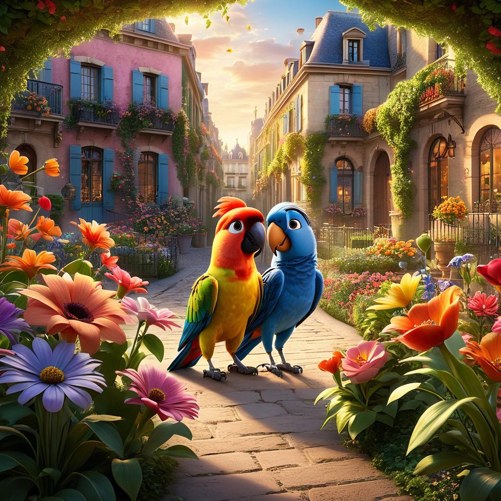  in 3d animated movie style. disney pixar style. paris, in a colorful floral dress, determined to help her friend lily, in a cozy, sunlit garden with magical aura and blooming flowers. high resolution pixar 3d animated film style with pastel tones, warm magical lights emanating from a mystical parrot. whimsical bird's eye view composition capturing paris and the parrot at the center surrounded by the enchanting garden.