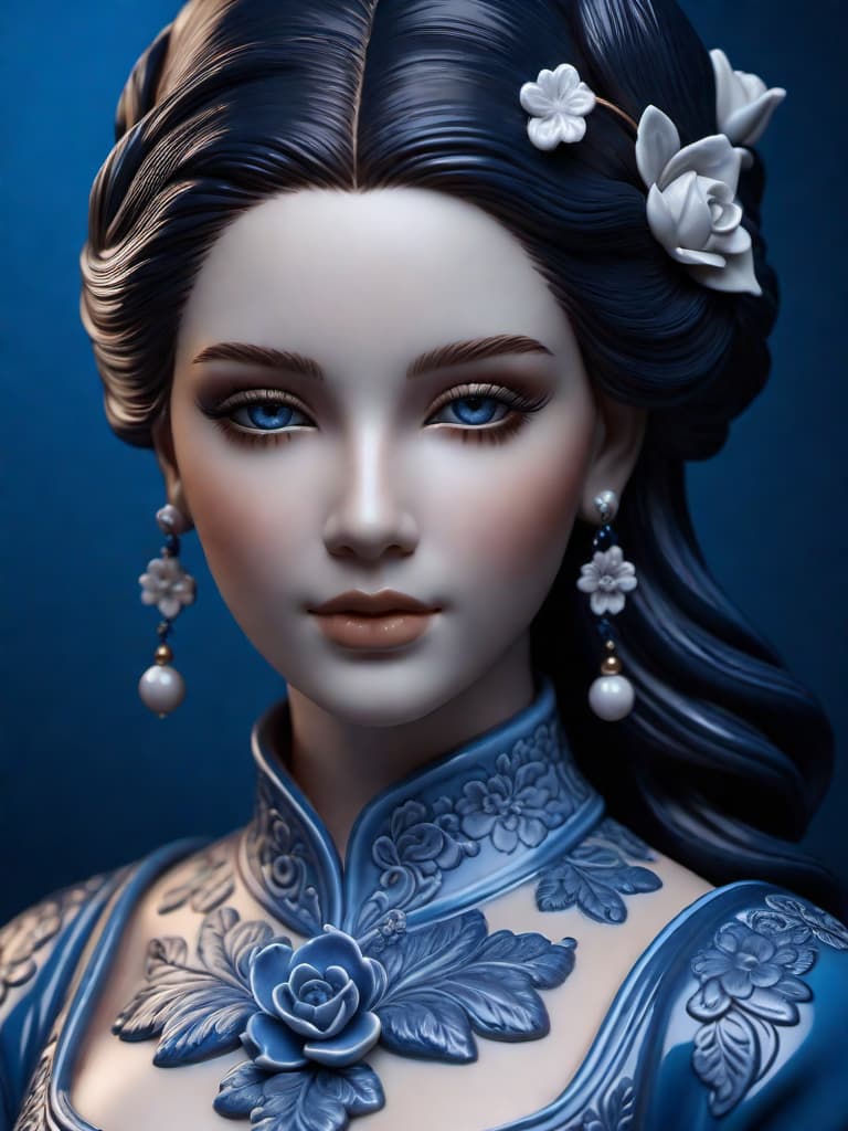  Close-up porcelain female figurine, looking to the camera, glossy surface, glaze, shiny, blue floral tattoos on her, dark gradient background, baroque dark style, hyperrealistic, CG society, intricate details