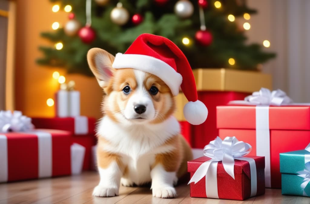  A corgi dog puppy in a Santa Claus cap selects a box of a beautifully packaged gift against the background of a New Year tree and colorful gifts. ar 3:2 high quality, detailed intricate insanely detailed, flattering light, RAW photo, photography, photorealistic, ultra detailed, depth of field, 8k resolution , detailed background, f1.4, sharpened focus