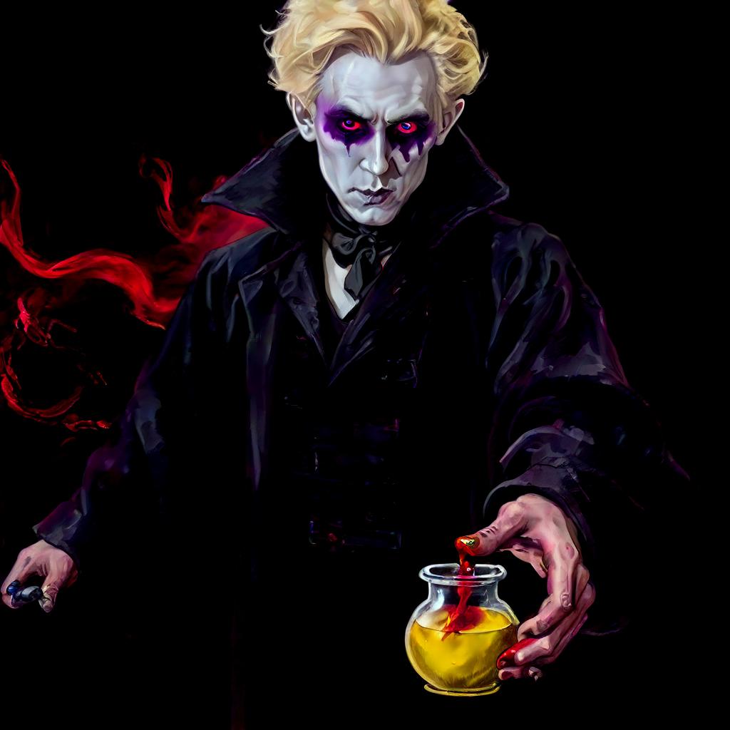  macabre style the guy's eyes are gray blue, hair is blond, stands in a gray robe of a magician, rainbow potions on his belt, a bunch of f 1 grenades is thrown over his shoulder, in his hands he holds a potion of purple color inside which an eyeball floats and looks at the screen. there's an alchemical stand in the background, and there's a cauldron of red smoke coming out. his face is oval, his eye in the potion is yellow with a vertical pupil, his facial expression is pensive and his eyes look at the potion. . dark, gothic, grim, haunting, highly detailed, hkmagic