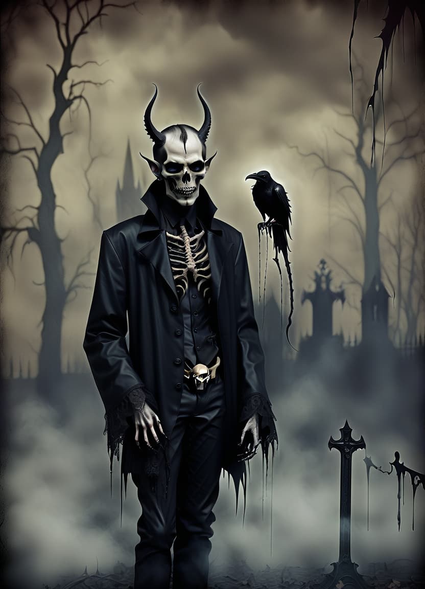  macabre style make him a demon . dark, gothic, grim, haunting, highly detailed