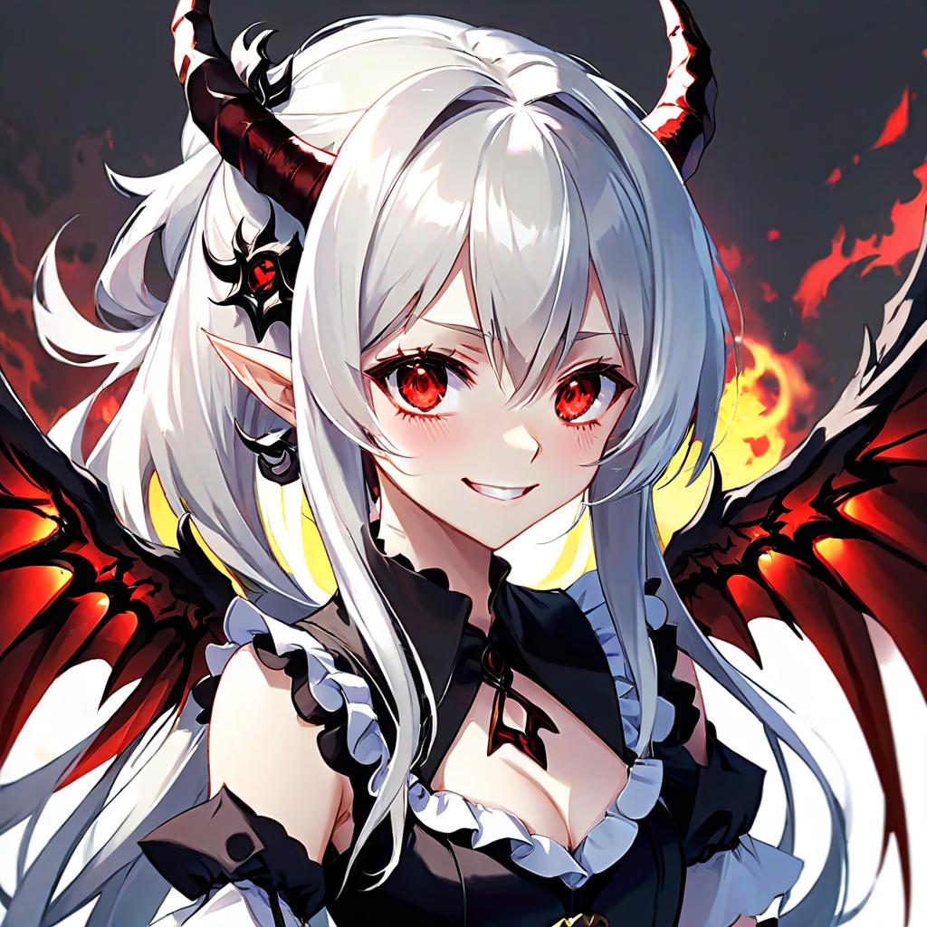  anime artwork anime, maid, girl, demon, smile, red eyes, black pupils, elven ears, white skin, long white hair, black horns, huge black wings, monotonous light background . anime style, key visual, vibrant, studio anime, highly detailed