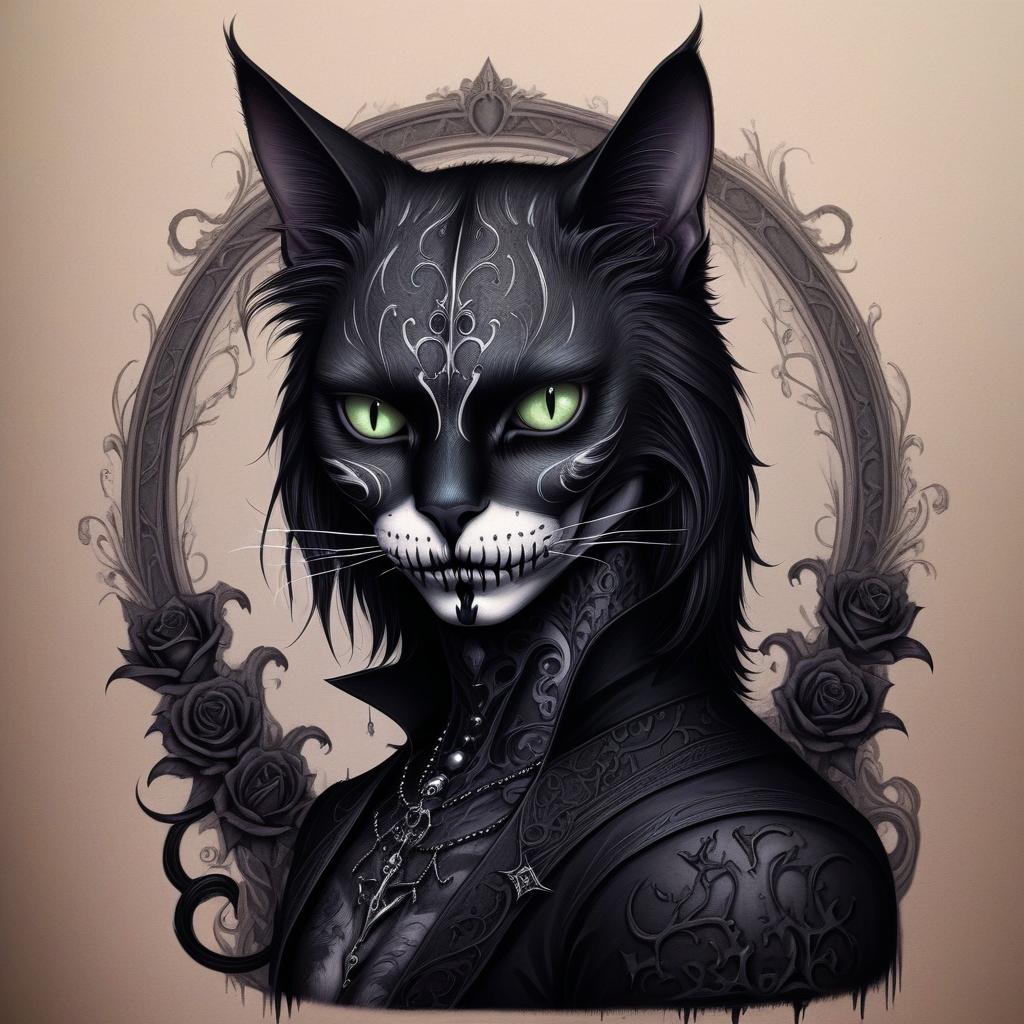  macabre style draw her beautiful half man half cat . dark, gothic, grim, haunting, highly detailed