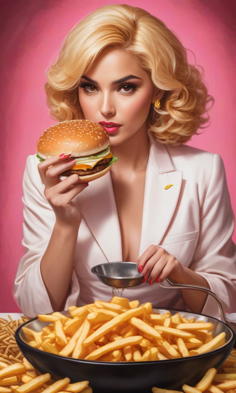  concept art tarot color pink, white, black, gold courtroom, a woman's hand holds scales, on one bowl of scales juicy mcdonald's burger, on the other bowl of scales fries and fries . digital artwork, illustrative, painterly, matte painting, highly detailed, perfect hands