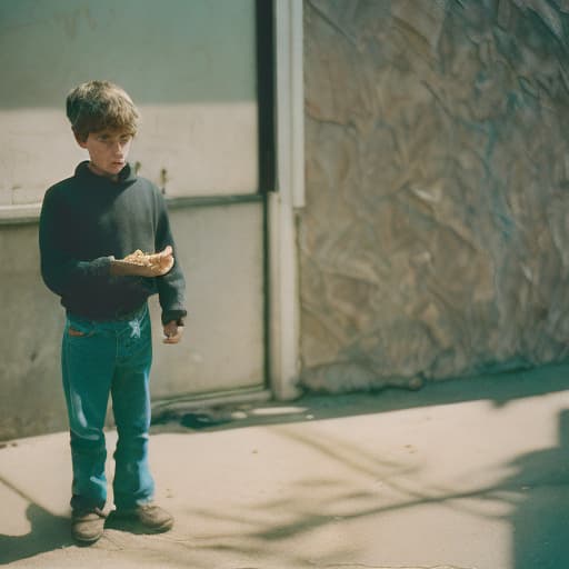 analog style A poor boy hold bread in hand