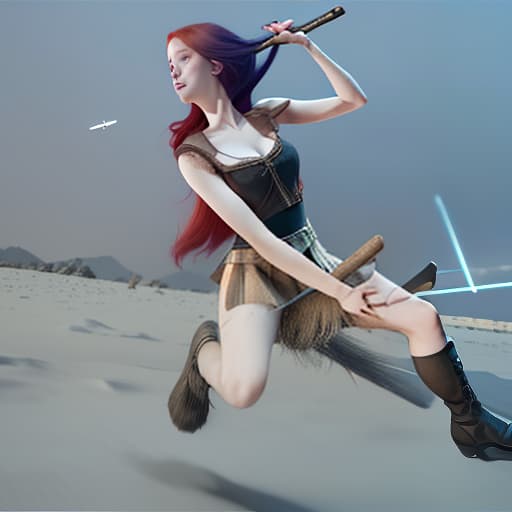  young red haired beauty flies on a broomstick in the night sky against the background of the moon, shot 35 mm, realism, octane render, 8k, trending on artstation, 35 mm camera, unreal engine, hyper detailed, photo realistic maximum detail, volumetric light, realistic matte painting, hyper photorealistic, trending on artstation, ultra detailed, realistic