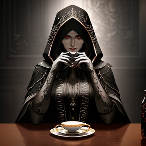  tea, madame, death with cosy, black hood, face hidden behind the hood, hands of bones, tea at the table, (dark shot:1.17), epic realistic, faded, ((neutral colors)), art, (hdr:1.5), (muted colors:1.2), hyperdetailed, (artstation:1.5), cinematic, warm lights, dramatic light, (intricate details:1.1), complex background, (rutkowski:0.8), (teal and orange:0.4), details, ((intricate details)), hdr, ((intricate details, hyperdetailed)) hyperrealistic, full body, detailed clothing, highly detailed, cinematic lighting, stunningly beautiful, intricate, sharp focus, f/1. 8, 85mm, (centered image composition), (professionally color graded), ((bright soft diffused light)), volumetric fog, trending on instagram, trending on tumblr, HDR 4K, 8K