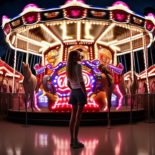  a full length girl stands with her back, does not look at the camera, and looks at a huge bright carousel at night