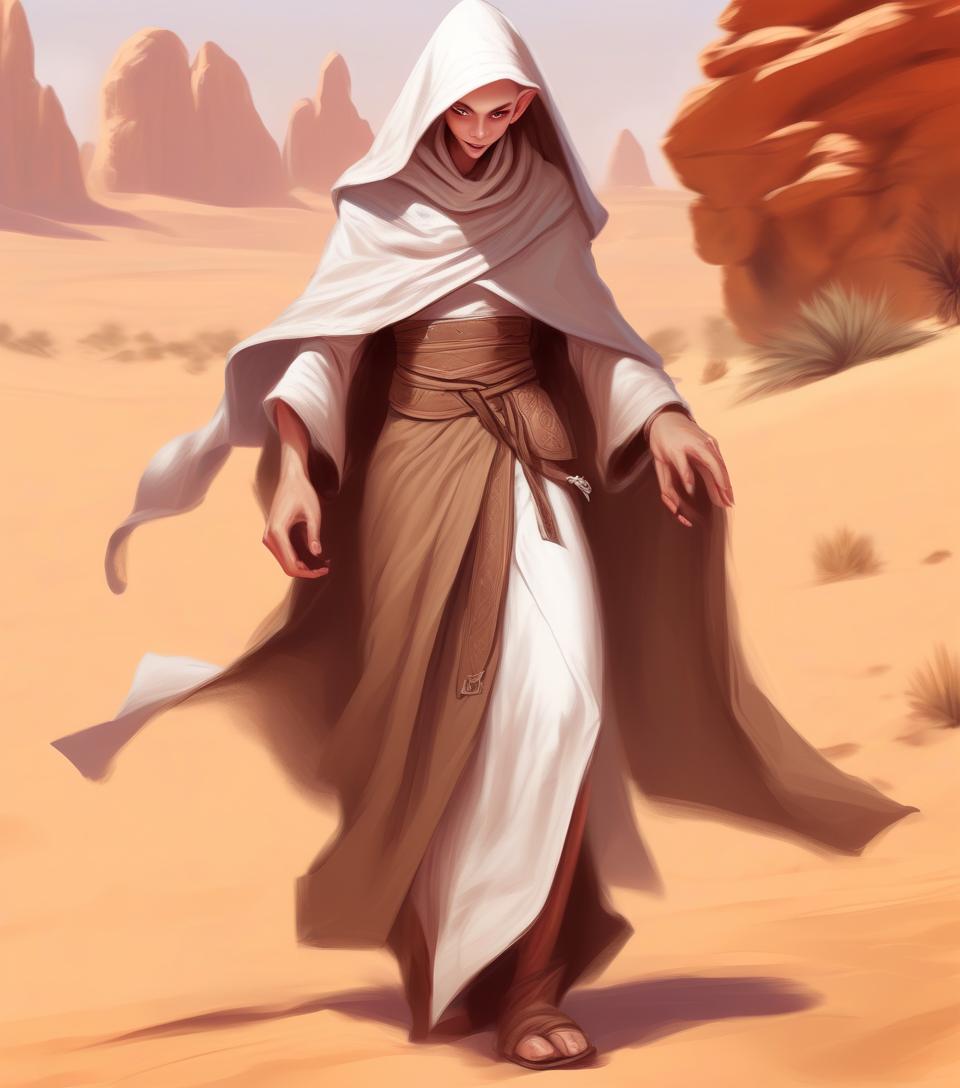  dnd fantasy drawing kind smiling naive high elf girl monk blind bald in a full length monk hat in the desert