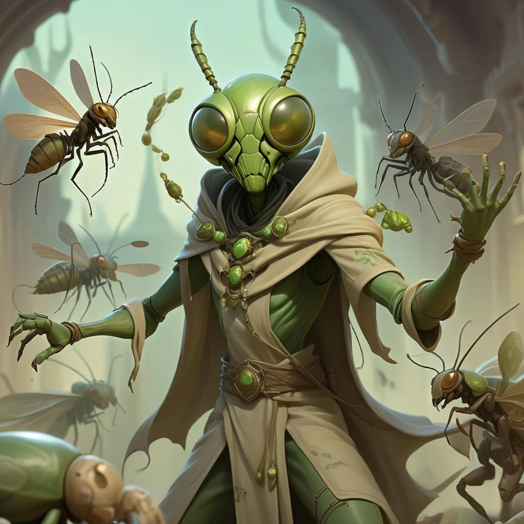  ethereal fantasy concept art of thri kreen insectoid monstrous humanoid race with mantis head ranger, wearing travelers rags and cloak, has four hands, swarm of bugs flying around, hive background . magnificent, celestial, ethereal, painterly, epic, majestic, magical, fantasy art, cover art, dreamy