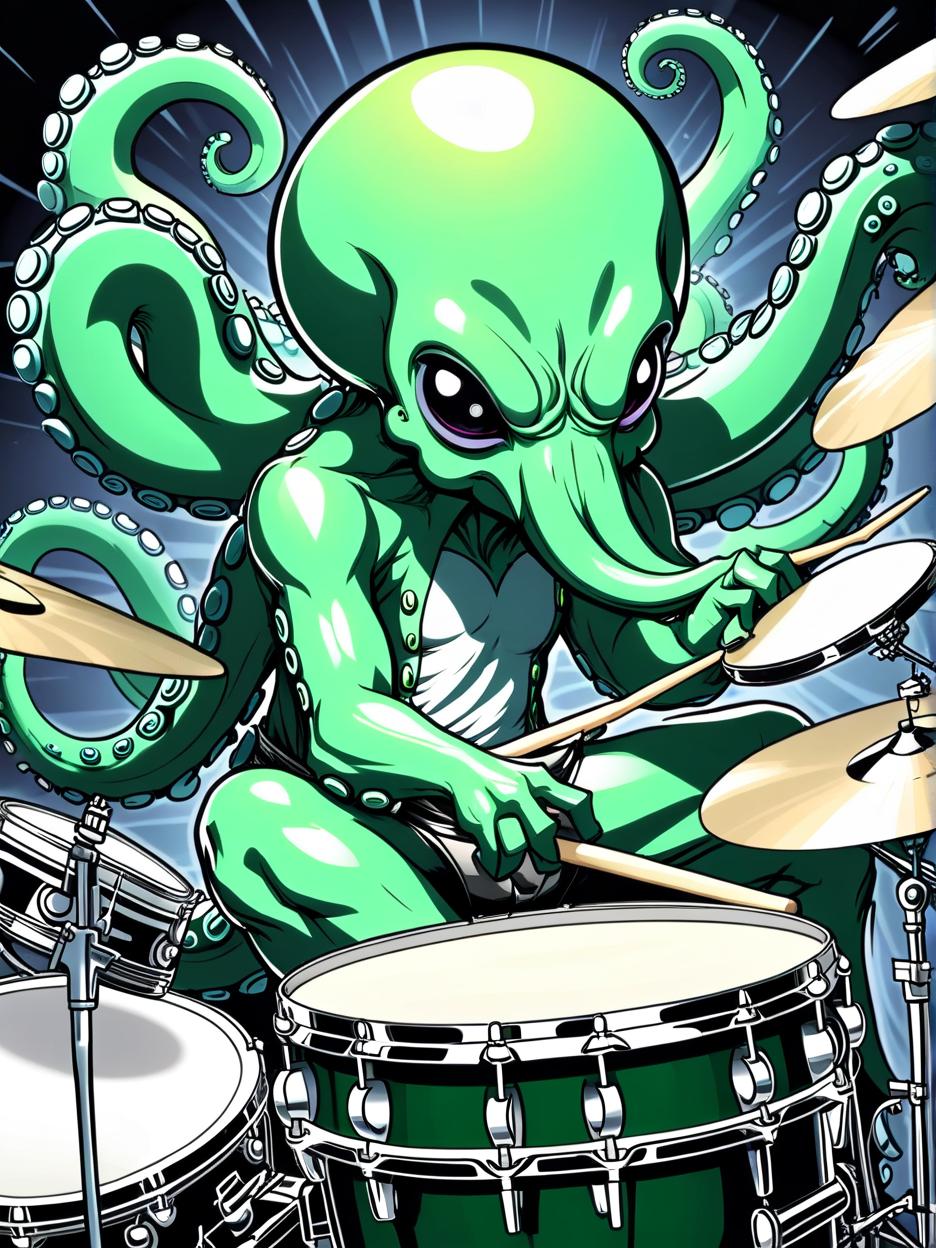  manga artwork green octopus playing drumkit. manga artist. manga, highly emotional. best quality, high resolution