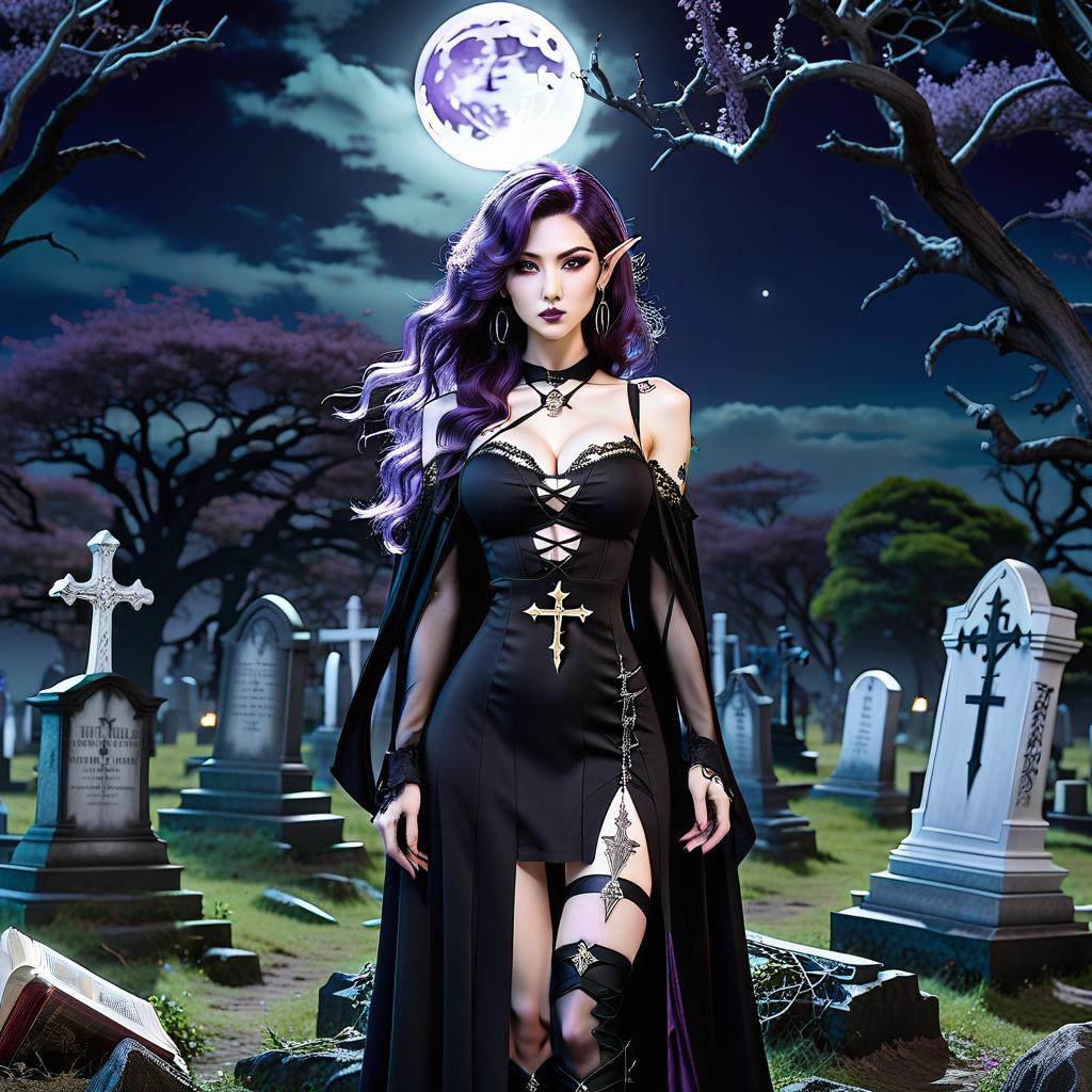  anime artwork full body, very young elf necromancer, pale skin, slender, thin, athletic, extremely thin waist, very long dark purple wavy hair,mive cross earrings, tattoo, open shoulders, black very short dress, soled boots, lace stockings, long cloak, necromancer staff, curved dagger, floating book, old abandoned graveyard, many tombstones, crosses, graves, dead trees, crows, full moon, moonlit night, ghosts, dead knights . anime style, key visual, vint, studio anime, highly detailed, hkmagic hyperrealistic, full body, detailed clothing, highly detailed, cinematic lighting, stunningly beautiful, intricate, sharp focus, f/1. 8, 85mm, (centered image composition), (professionally color graded), ((bright soft diffused light)), volumetric fog, trending on instagram, trending on tumblr, HDR 4K, 8K