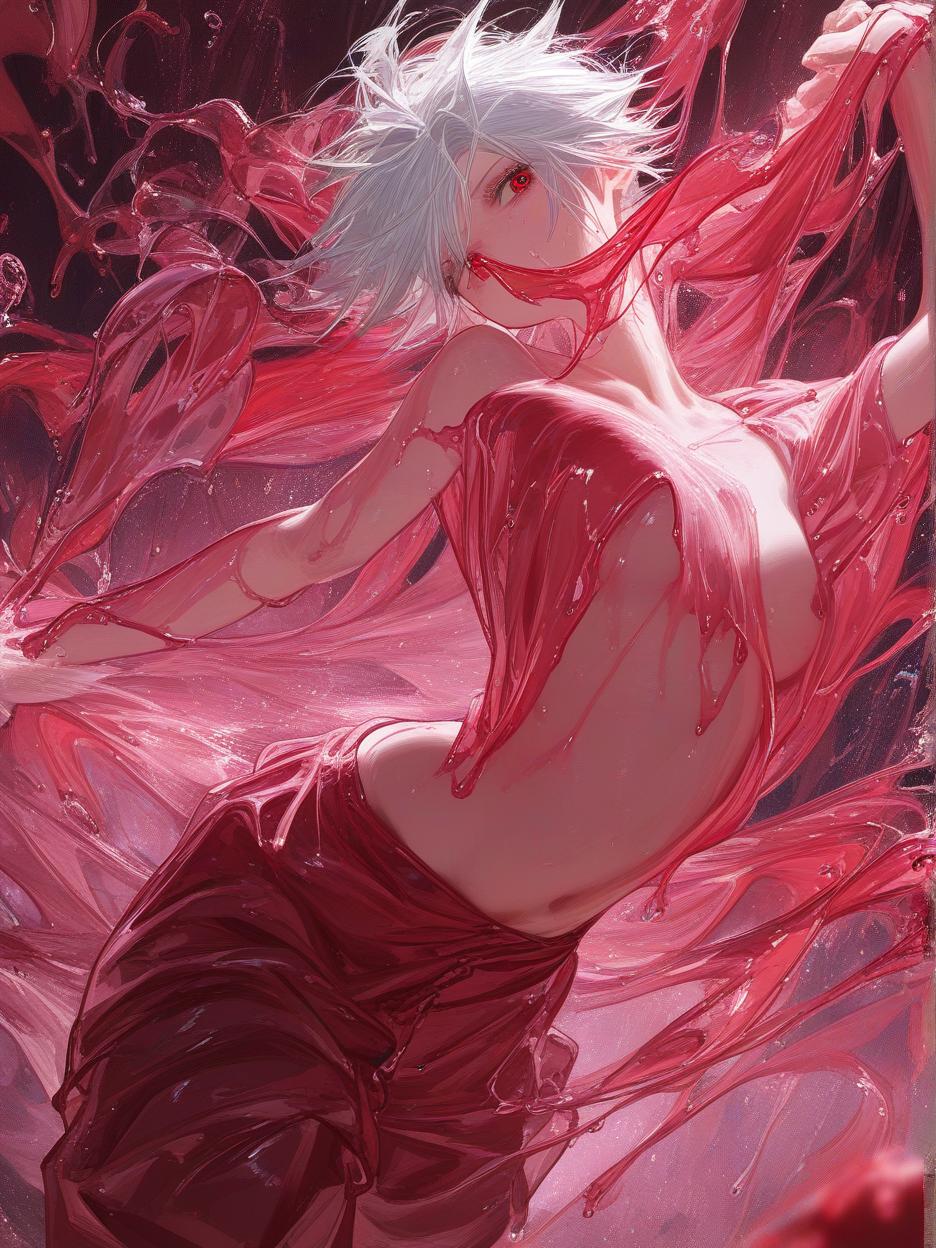  satoru gojo, jujutsu kaisen, female version, beautiful woman with long white hair, galaxy red eyes. revealing her deep red eyes, super detailed eyes. black compressed clothes, baggy sweatpants. background of a black desert full of slime, hyper realistic atmospheres, details, 8k . best quality, high resolution