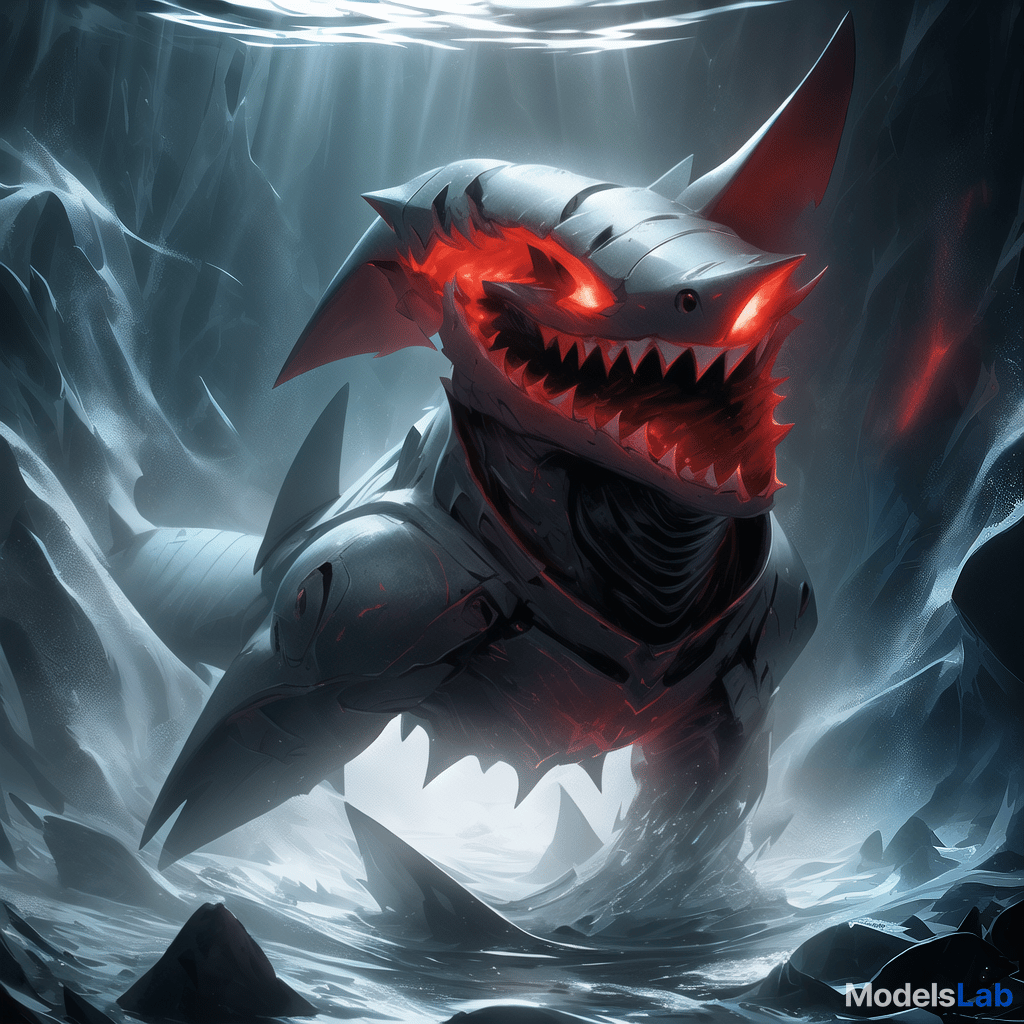  a realistic 8k portrait of a terrifying shark deep in the ocean at night, with its mouth wide open. the shark's eyes and mouth emit an intense red light, illuminating the surrounding dark water. the ocean is dimly lit with deep blue and black tones, creating a menacing atmosphere. the red glow casts shadows around the shark, highlighting its sharp teeth and adding a supernatural, horror like effect. subtle light rays from above barely penetrate the murky water, adding to the eerie, otherworldly feel of the scene. hyperrealistic, full body, detailed clothing, highly detailed, cinematic lighting, stunningly beautiful, intricate, sharp focus, f/1. 8, 85mm, (centered image composition), (professionally color graded), ((bright soft diffused light)), volumetric fog, trending on instagram, trending on tumblr, HDR 4K, 8K