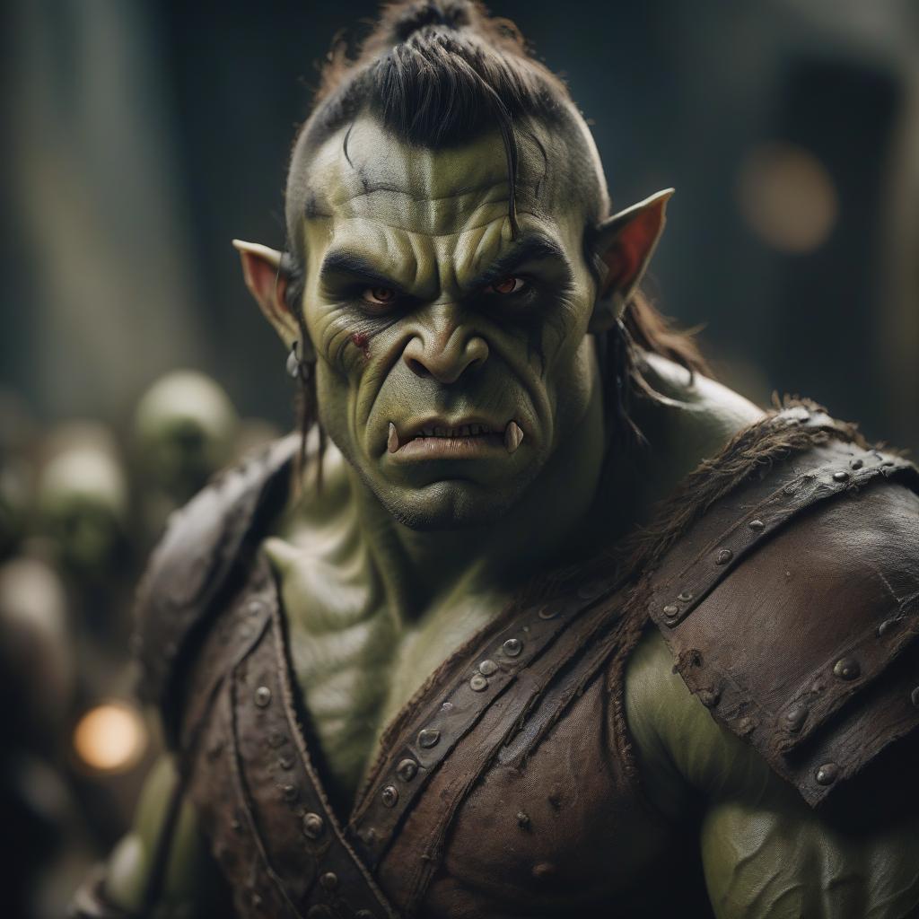  cinematic film still orc, young man, brown eyes, thin . shallow depth of field, vignette, highly detailed, high budget, bokeh, cinemascope, moody, epic, gorgeous, film grain, grainy