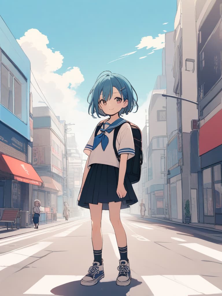  s junior high , (male ), sailor suit, mini , transvese, short hair, cute smile, backpack, ultra long row socks, bottom sneakers, whole body, in the city,