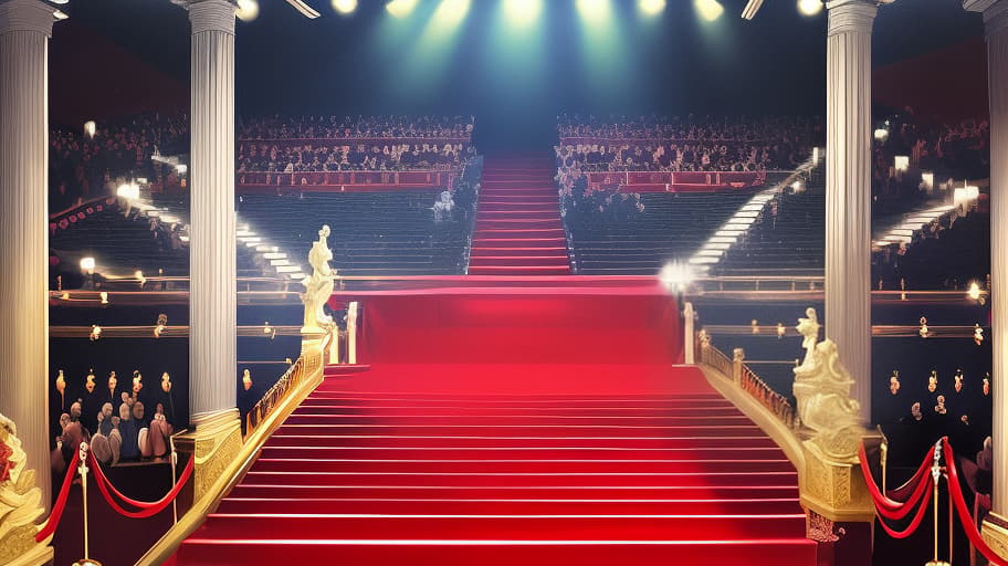  the way to the stage, everything is bright and shining with stars, in the center there is a staircase with a red carpet on the podium, golden glow