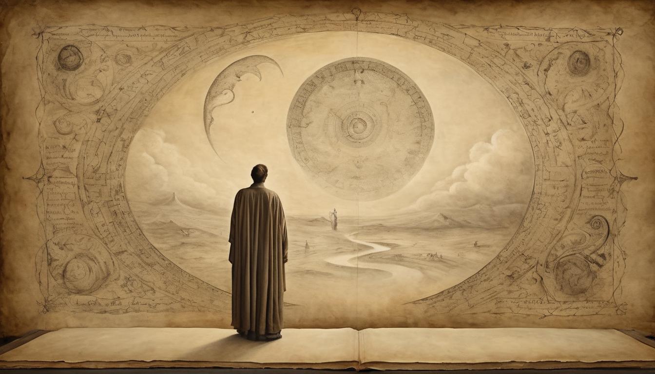  on parchment, surrealism++, a person watching ethereal visions on a large, mystical screen, insights, revelation(mysterious, provocative, symbolic)++