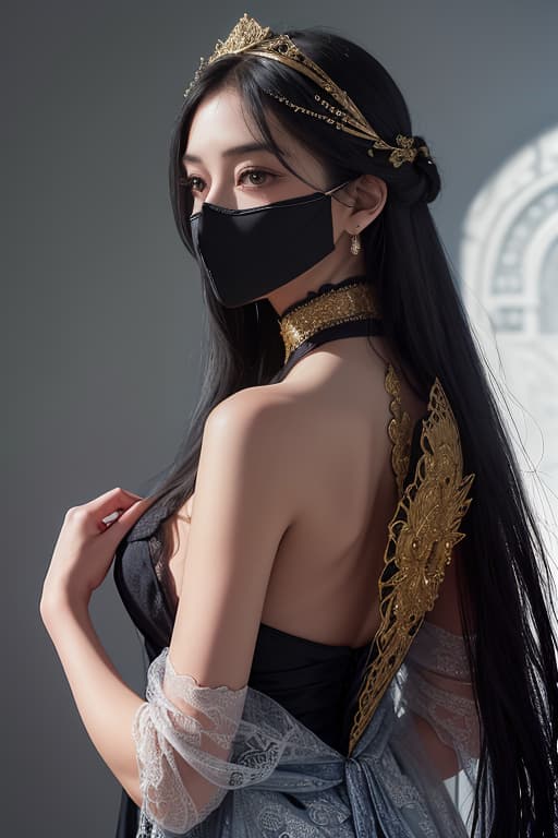  depicts a mysterious young woman, hidden in the shadows, ornate ornamentation concealing her face, with intricate carvings and subtle touches of silver and gold, her long jet black hair cascading down her back like a night waterfall, her skin glowing, kissed by the moonlight, with high cheekbones and a serene, ethereal aura, set against a dark background that shifts from deep blue to inky black, evoking a sense of mystery and intrigue, with subtle touches of moonlight casting an eerie light on her mask and hair, and a delicate lace pattern, like silver threads woven into the fabric of her dark, flowing outfit., the golden jewelry is rendered with precision and accuracy. wearing golden jewelry fashion,the portrait is ultra detailed, with sha