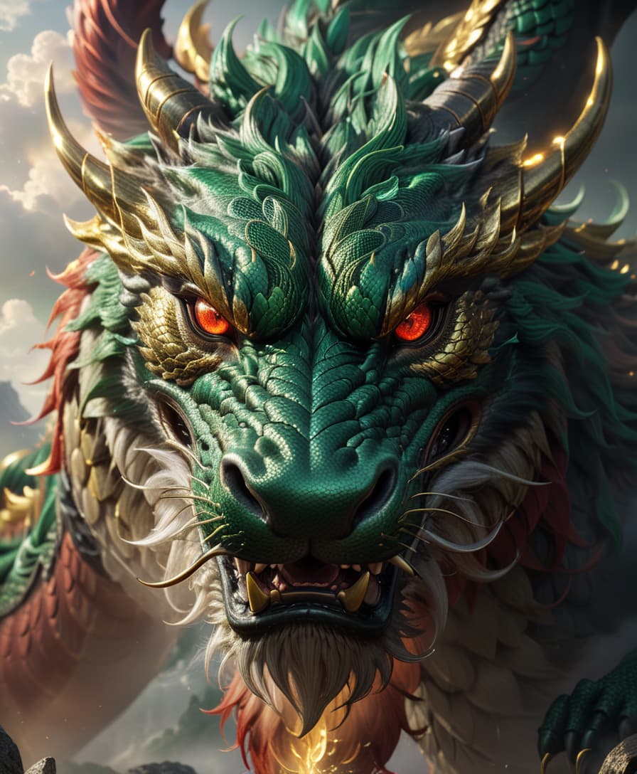  (masterpiece, ultra high res, photo realistic:1.4), magnificent chinese dragon, intricate scales glistening, (emerald green and gold hues:1.3), (fiery red eyes:1.5), fierce expression, (long flowing whiskers:1.2), detailed claws gripping a swirling cloud, front view, extreme close up, breathtaking texture showcasing every scale, (dynamic lighting:1.3) highlighting contours, unreal 5 engine, octane rendering, digital illustration, mixed media, ethereal mist surrounding, rich colors, dramatic atmosphere, awe inspiring presence, captivating gaze, enriched with cultural symbolism., civitai hyperrealistic, full body, detailed clothing, highly detailed, cinematic lighting, stunningly beautiful, intricate, sharp focus, f/1. 8, 85mm, (centered image composition), (professionally color graded), ((bright soft diffused light)), volumetric fog, trending on instagram, trending on tumblr, HDR 4K, 8K