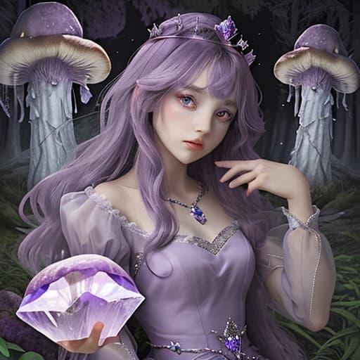  girl, crystal crown, purple dress, mushroom spirit, enchanted forest.