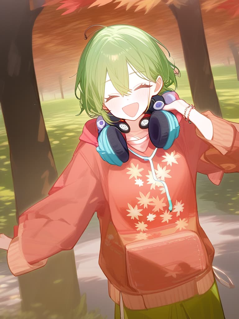  (((green short hair:1.5))),(((headphone around the neck:2.0))),very loud laugh,(((very joy:1.8))),(pastel red brown color palette:1.3),(pastel red hoodie with white maple tree print:1.4),(brown cargo pants:1.2),white sneakers,(red maple tree cap:1.1),(red and brown brown bracelet:1.1)