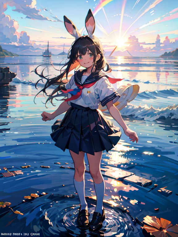  master piece, best quality, ultra detailed, highres, 4k.8k, cute girl, standing on a water surface of the vast lake, overlooking horizon, smile, break a cute girl with rabbit ears., blue sky, sailor uniform, loafers, bubbles, wind, rainbow, break chromatic aberration, lens flare, masterpiece, best quality,