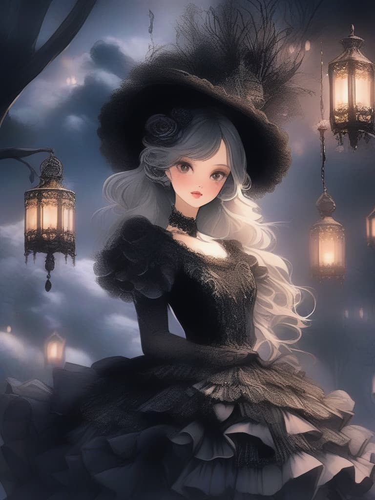  detailed,vivid colors,rough forest background,(masterpiece,hyper quality 1 5),ultra detailed,highlight eyes,detailed face,looking,scenery,master piece,best quality,ultra detailed,high resolution,8k,a ballerina,ballerina clothes,cute dollike girls,a sea of clouds illuminated by moonlight,dark forest world,magical animals,charming girls,gothic lolita,100 tiered ruffle,dark gradient,black swan