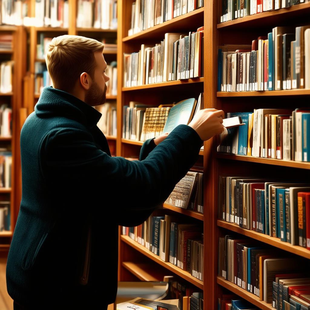  a cozy, hyper realistic photograph of a person browsing through books in a quaint, independent bookstore. the person is centered and depicted with ultra high detail, especially in the face, where every feature is rendered with extreme precision capturing the finest textures, expressions, and nuances. the person is reaching for a book on a wooden shelf, surrounded by rows of books. the warm, natural lighting enhances the textures of the books, shelves, and the wooden floor, with every element in sharp focus. behind the person, through large windows, a stunning professional landscape is visible from a distance. this landscape is captured from a perfect vantage point with a wide angle lens, showcasing the vibrant colors and natural beauty of 