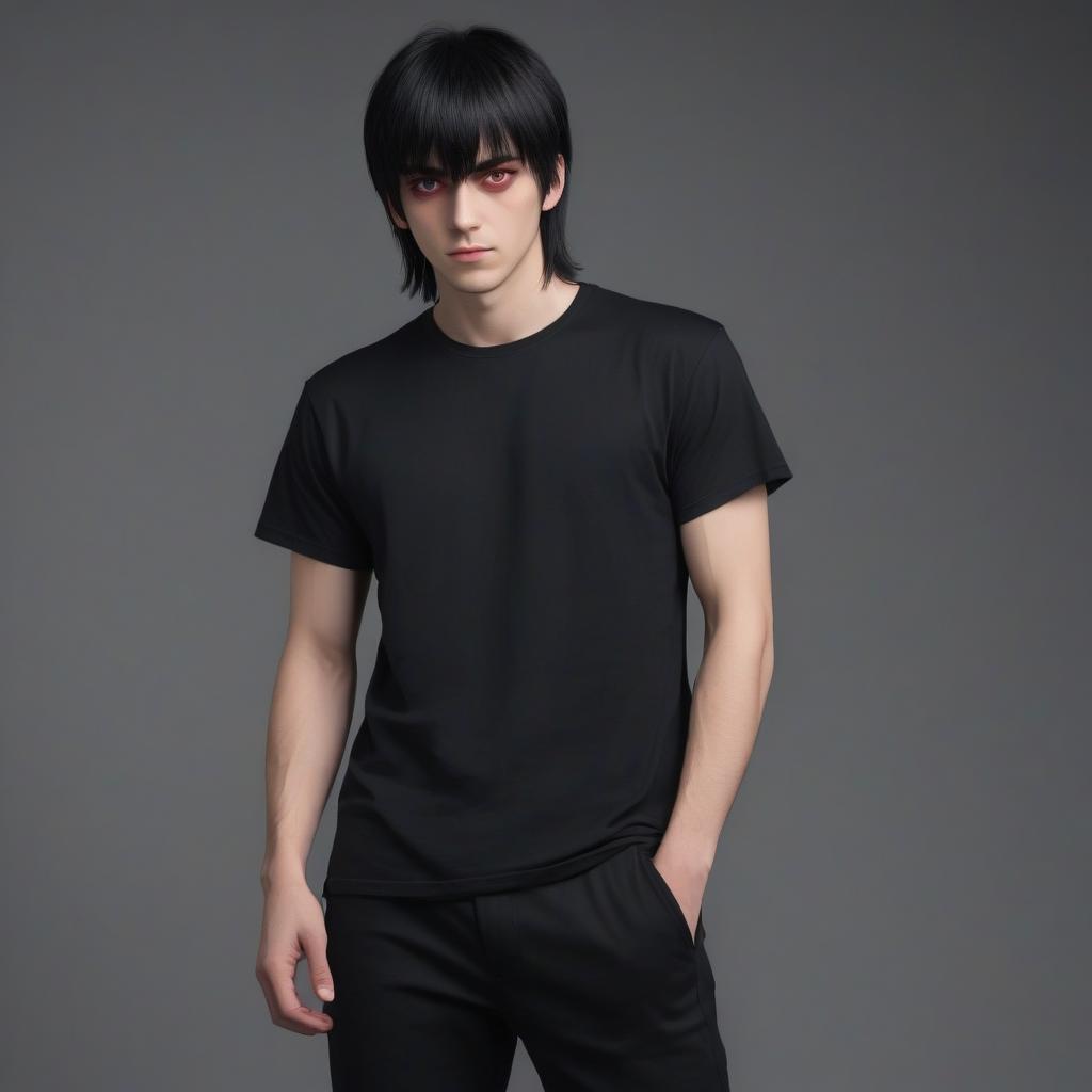  the guy with the bangs back, black hair, red eyes, wearing black pants and a black t shirt