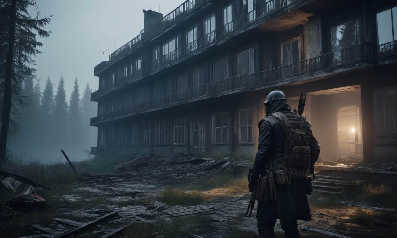  dystopian style escape from tarkov witch. near a building in four floors and a lake forest . bleak, post apocalyptic, somber, dramatic, highly detailed hyperrealistic, full body, detailed clothing, highly detailed, cinematic lighting, stunningly beautiful, intricate, sharp focus, f/1. 8, 85mm, (centered image composition), (professionally color graded), ((bright soft diffused light)), volumetric fog, trending on instagram, trending on tumblr, HDR 4K, 8K