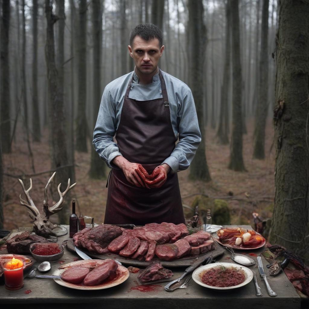  macabre style a feast of prisoners in the forest near the house of the huntsman, the huntsman himself and other people who are not prisoners is not in the picture. on the table should be meat, there may be cutlets, tartar, and in the center of the table should be baked organs such as the heart and stomach. in the background should stand a man 212 in a cook's apron contaminated with blood . dark, gothic, grim, haunting, highly detailed