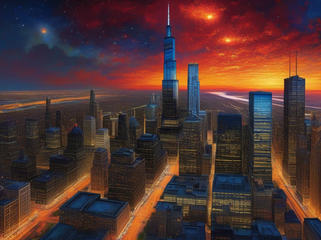  ethereal fantasy concept art of sears tower, crain's communications building, drone view, tilt shift, van gogh's starry night, colorful red orange swirls, cloud gate, hyper realistic, chicago skyline, mesmerizing, intricate details, flambient golden red sunrise, dramatic lighting, epic composition, wide angle, cinematic, masterpiece, 4k, raw photo, van gogh influence, studio lighting, impressionist, bold colors, starry sky, architectural elements, medium format lens, high angle, cityscape, city life, metropolitan, van gogh's brushstrokes, van gogh's shadows, van gogh's colors, van gogh's textures, nighttime, city scene, streets, night cityscape. magnificent, celestial, ethereal, painterly, epic, majestic, magical, fantasy art, cover art, dr