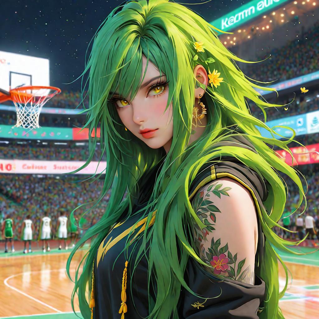  anime art very beautiful, girl, green skin woman, bright yellow eyes, hooded eyes, long hair, green dreads, plump lips, sharp angled eyebrows, roman nose, pointed ears, piercings, heart shaped face, green vine tattoos, flowers in hair, lean figure, long legs, fireflies, pollen, black and gold basket ball jersey, basketball court., award winning, professional, highly detailed, masterpiece