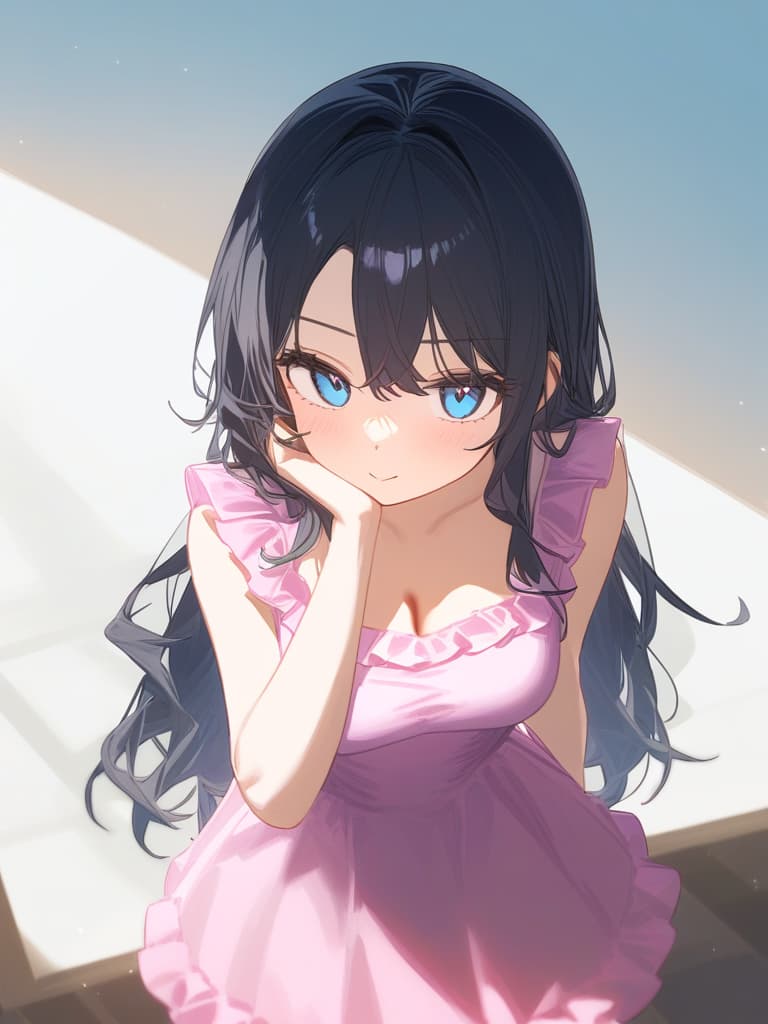  cute face focus,cute,black hair,light blue eyes,cute posing,frill onepiece,long hair,adult