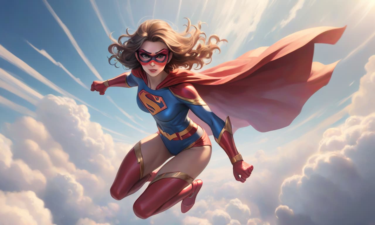  dynamic a superhero girl is flying through the sky with one hand looking forward