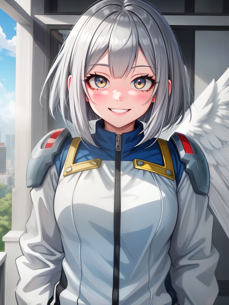  my hero academia, gray hair bob, transparency, girl, smiling, cute, angel, masterpiece, best quality,8k,ultra detailed,high resolution,an extremely delicate and beautiful,hyper detail