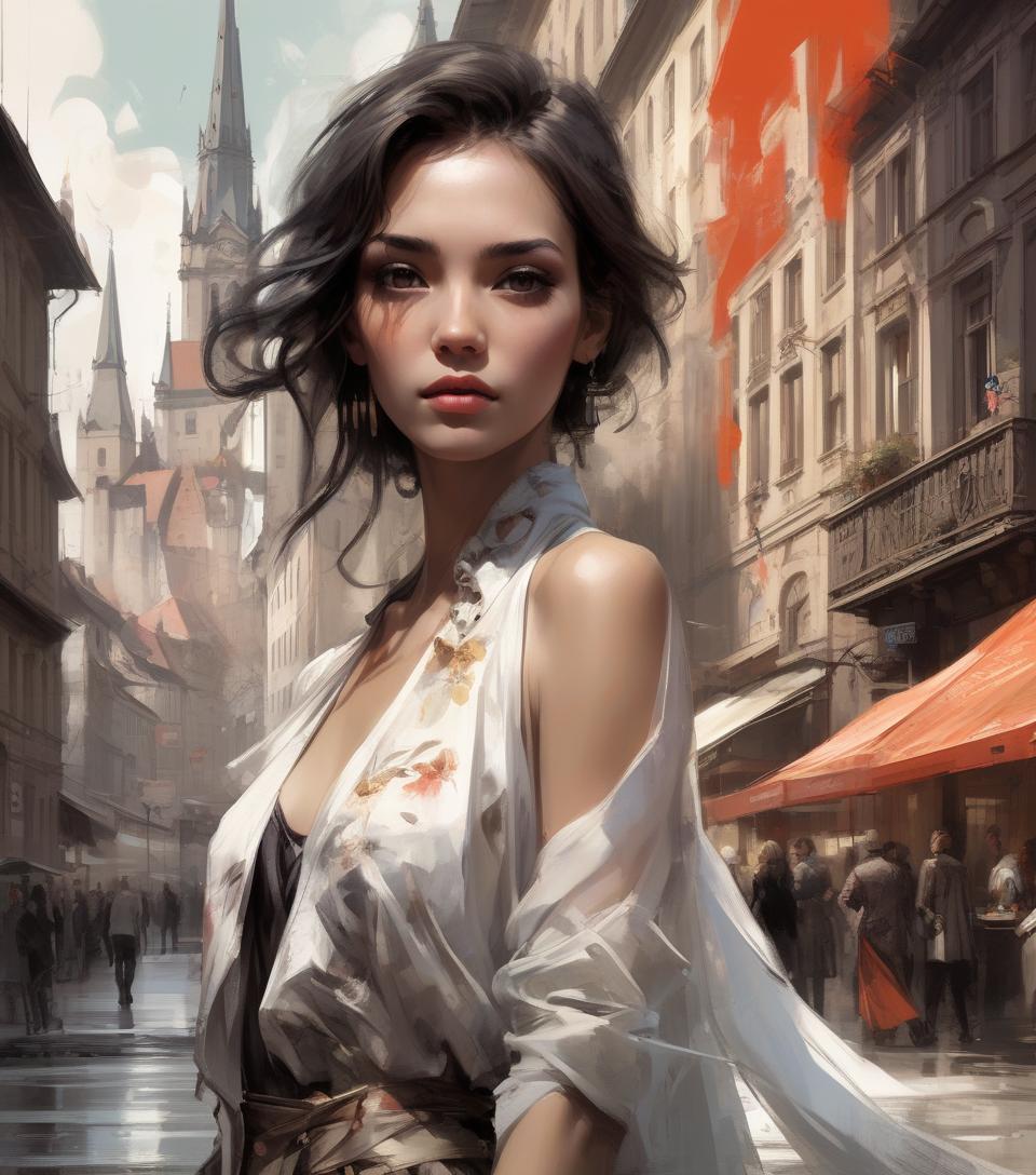  concept art masterpiece, best quality, only one very beautiful woman wearing fashionable designer clothes in bern, with a landmark, perfect poses, soft colors, flowing brushstrokes, low angle, ink painting in the style of artists like russ mills, sakimichan, wlop, loish, artgerm, darek zabrocki, and jean baptiste monge . digital artwork, illustrative, painterly, matte painting, highly detailed