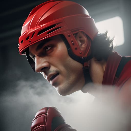  a man, a brute hockey player in a sports hockey technician of red colour, red hockey helmet, a sports suit, a kraga, a large shoulder, a powerful neck, screaming, fighting, evil, anger, power, power, hand compressed into a fist, photorealistic, hyperrealistic, hyperdetailed, analog style, demure, detailed skin, pores, smirk, smiling eyes, matte skin, soft lighting, subsurface scattering, realistic, heavy shadow, masterpiece, best quality, ultra realistic, 8k, golden ratio, intricate, high detail, film photography, soft focus hyperrealistic, full body, detailed clothing, highly detailed, cinematic lighting, stunningly beautiful, intricate, sharp focus, f/1. 8, 85mm, (centered image composition), (professionally color graded), ((bright soft diffused light)), volumetric fog, trending on instagram, trending on tumblr, HDR 4K, 8K