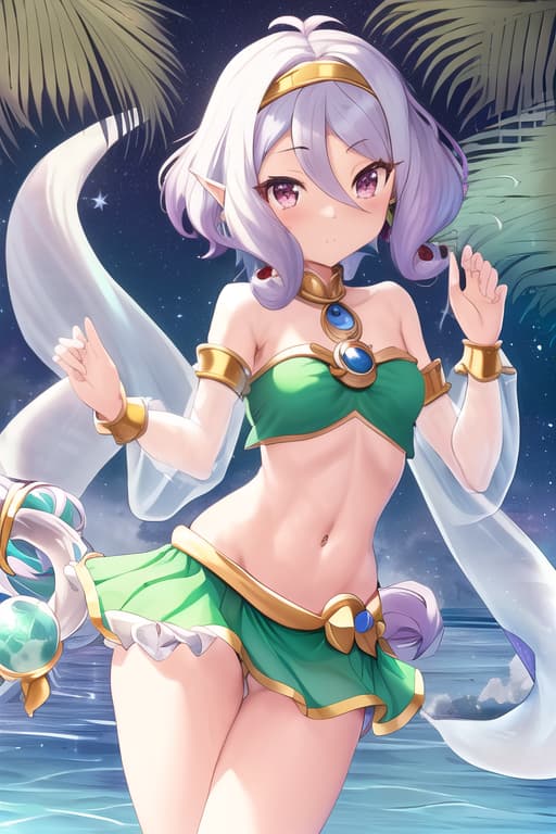  shantae,(kokkoro:1.3), (masterpiece), (highest quality), (intricate), (high detail),masterpiece, best quality, high quality, solo, water fairy,long wavy curly hair,white idol dress, anglesailor dress,silk shawl, bikini, frills, cute anime face