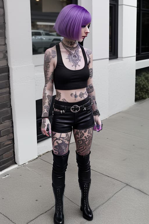  girl with purple hair, cascade bob haircut. white top, tattoos on arms. bracelets, black pants, black boots, metal rocker chick