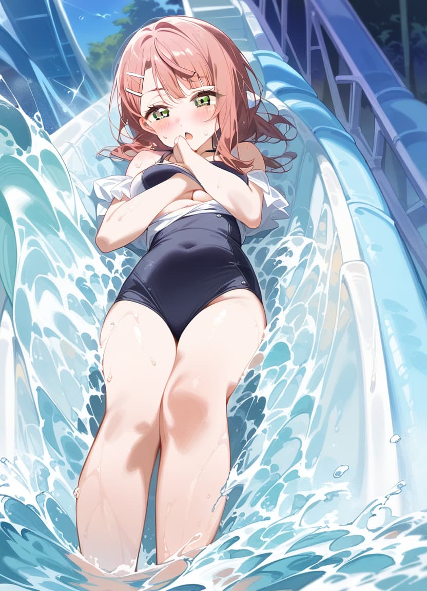  1, uehara ayumu, love live nijigasaki high idol club, sliding down a water slide, water slide, compeion , masterpiece, best quality, very aesthetic, absurdres, feet out of frame . best quality, high resolution