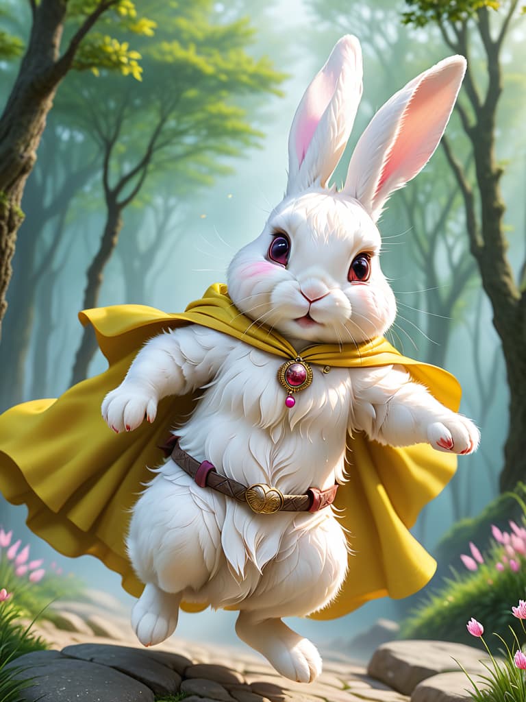  jumping rabbits, fluttering ears, agile movement, a small, hairy, white rabbit with bright eyes and pink noses. it's wearing a bright yellow cape photo realistic, highly intricate and detailed, masterpiece, ultra high res,photography,8k resolution