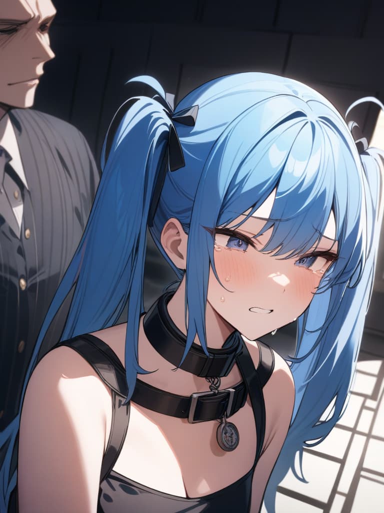  twin tails, blue hair, to , , , crying face,, s wearing gles,,,,, gles s, gles s, chio, she will be taken off, her woman inserted by a man, confined to prison, , collar, masterpiece, best quality,8k,ultra detailed,high resolution,an extremely delicate and beautiful,hyper detail