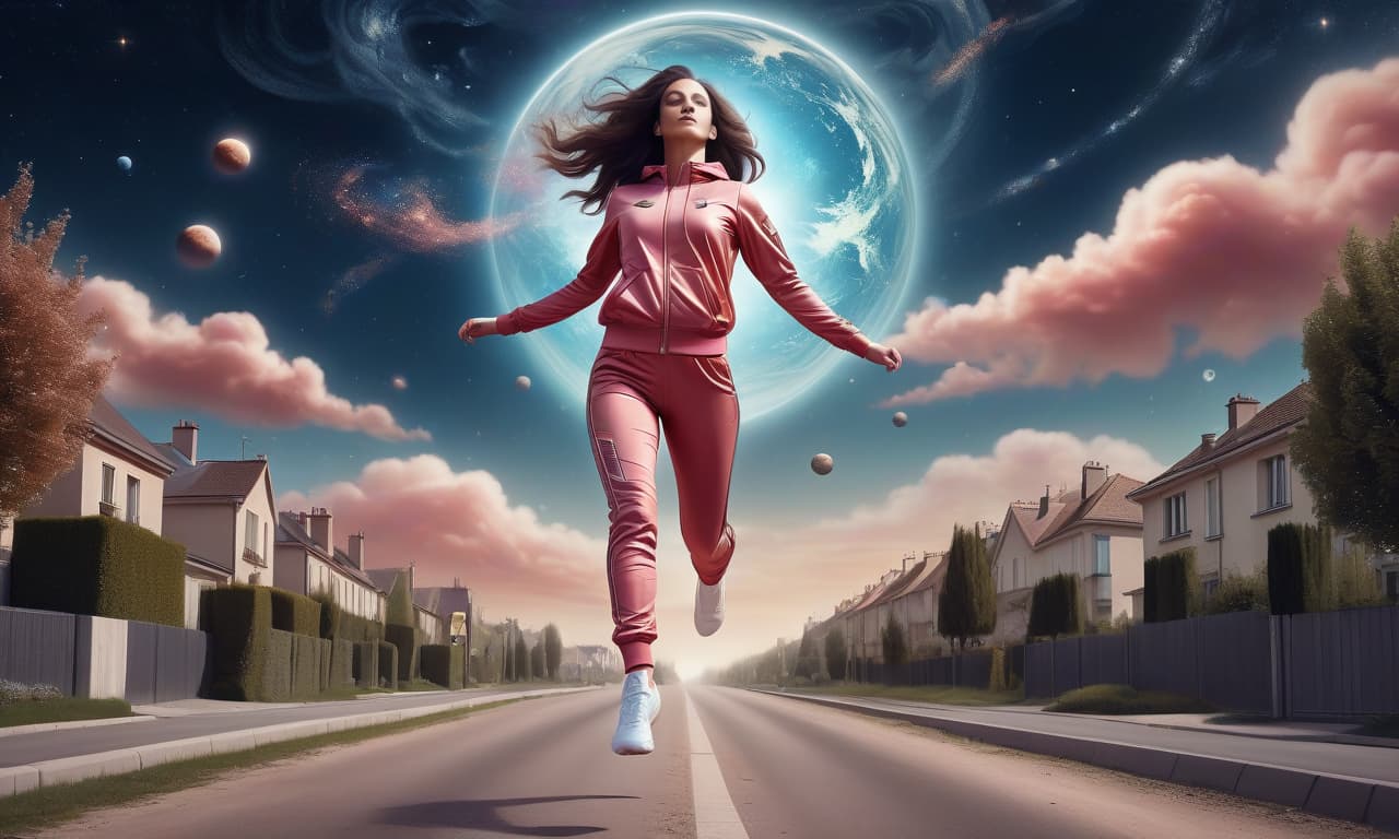  space themed a beautiful woman in a tracksuit on a run rose above the ground into the air, levitating. a suburb of paris. surrealism. . cosmic, celestial, stars, galaxies, nebulas, planets, science fiction, highly detailed