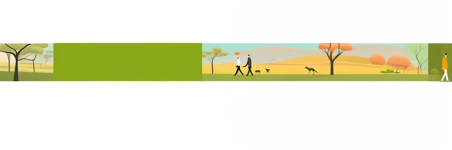  minimalist style landscape with fauna, nature and parks with walking men . simple, clean, uncluttered, modern, elegant