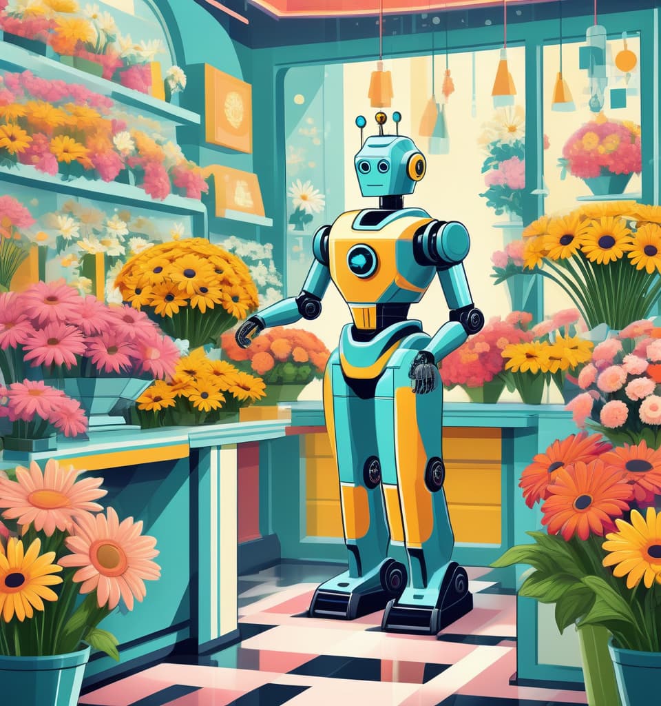  art deco style a humorous illustration. body language, bright colors, cartoon style. robot seller in a flower shop, makes bouquets of digital daisies, in the background there are many bouquets of flowers . geometric shapes, bold colors, luxurious, elegant, decorative, symmetrical, ornate, detailed