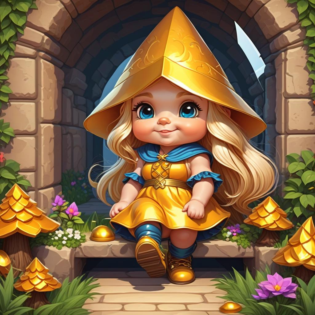  retro game art a gnome girl sits on the threshold of a cute dwarve house and goes through a slide of gold with her hands . 16 bit, vibrant colors, pixelated, nostalgic, charming, fun