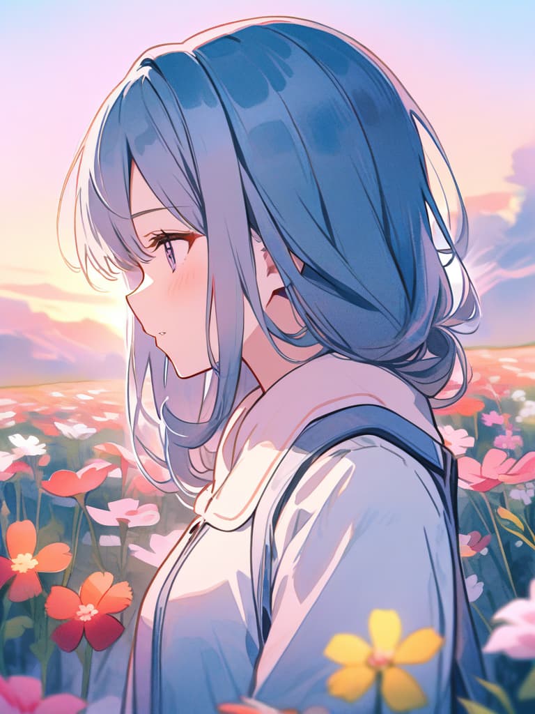  masterpiece,(pastel watercolor style with pink,light blue and white:1.5),(cosmos blooming meadow:1.5),(super beautiful girl),(long fluffy hair:1.2),,profile,sunset,high quality,8k