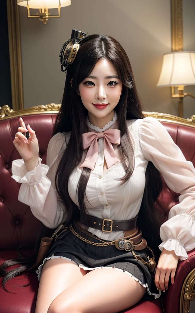  (32K, Real, RAW Photo, Best Quality: 1.4), (((Beautiful big eyes, Double eyelids))), (((Actress: Nozomi Honda,))), (((Big smile))), (Black hair), (Wavy long hair)), Full anatomical body, (Delicate and beautiful eyes: 1. 3)), (((Sitting on a gorgeous sofa Sitting))), (natural light)), (((fusion of Lolita and Steampunk fashion))), (((mini skirt))) portrait, front view, facing face, upper body, face_forward, facing viewer, (standing, reaching, seductive smile, (cinnamon pink based outfit)), Steampunk Object. hyperrealistic, full body, detailed clothing, highly detailed, cinematic lighting, stunningly beautiful, intricate, sharp focus, f/1. 8, 85mm, (centered image composition), (professionally color graded), ((bright soft diffused light)), volumetric fog, trending on instagram, trending on tumblr, HDR 4K, 8K